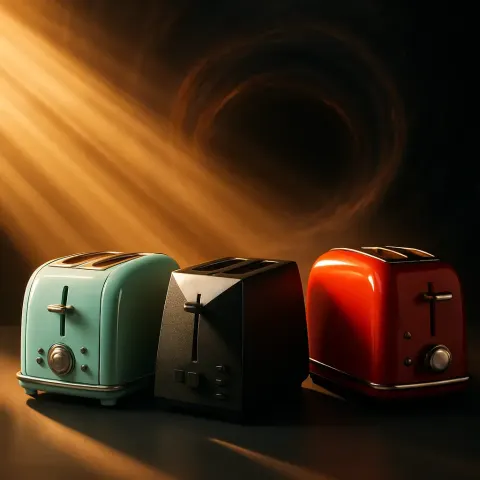 Centrally Composed Trio of Distinct Toasters—one a Pastel Mint