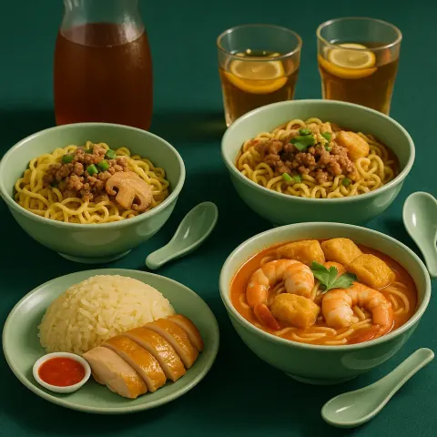 Dining Table Showcases an Assortment of Singaporean Dishes