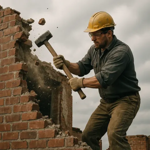 Worker Demolishing the Upper Section of a Damaged Brick