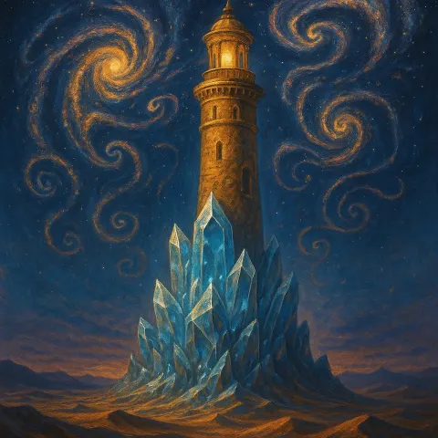 Fantastical Artwork Featuring a Timeless Golden Lighthouse