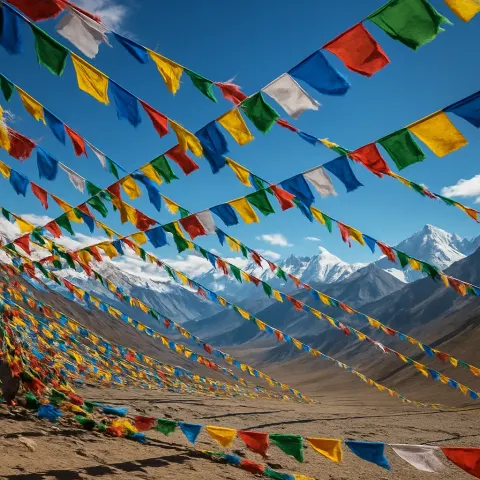 Myriad Colorful Prayer Flags Flutter Across a Vast
