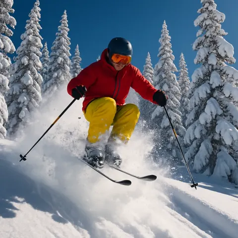 Skier in Yellow Pants Is Jumping Through Fresh Powder Snow