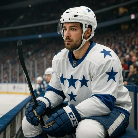 Hockey Player in a White and Blue Uniform with Stars