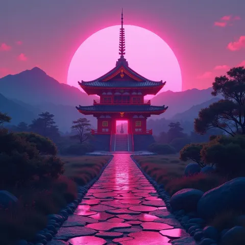 Magenta Neon Temple Against Cyber Mountains