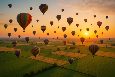 Dozens of Colorful Hot Air Balloons Drift Serenely
