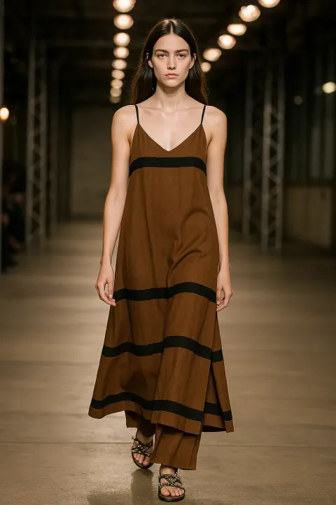 Model Walks in a Long Brown Dress