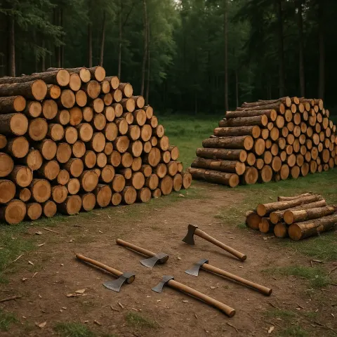 Clearing Surrounded by Stacks of Cut Logs