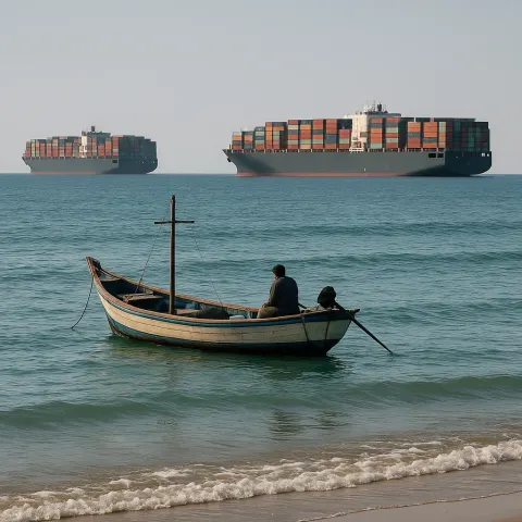 Small Fishing Vessel Close to the Coastline Seeming Bigger Than