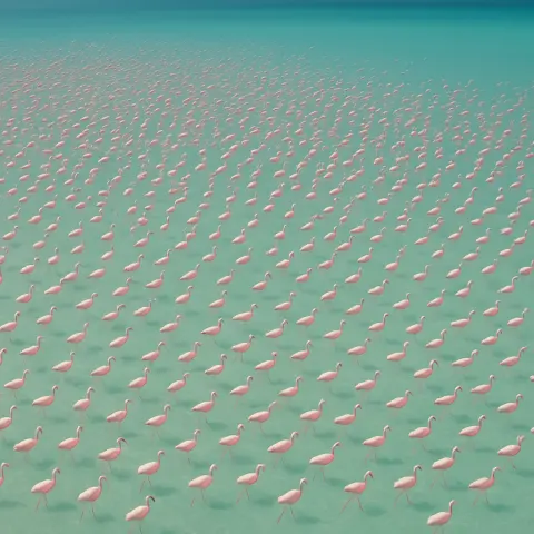 Sprawling Flock of Countless Tiny Pink Flamingos Wades Uniformly