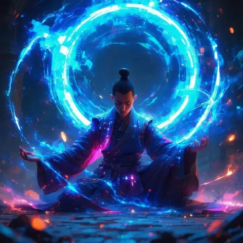 Levitating Neon Monk in Netrunner Attire