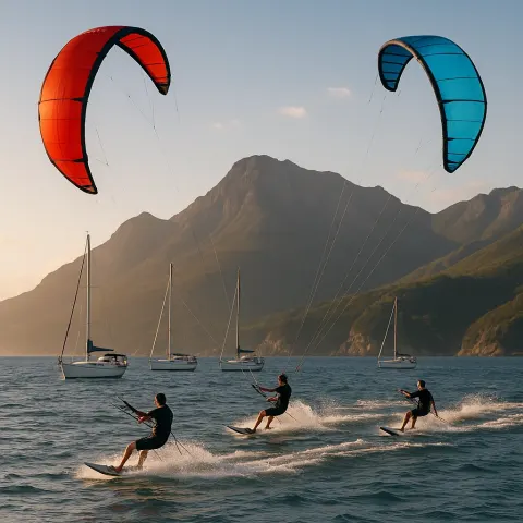 Two Kite Surfers Glide over the Water near Anchored Sailboats