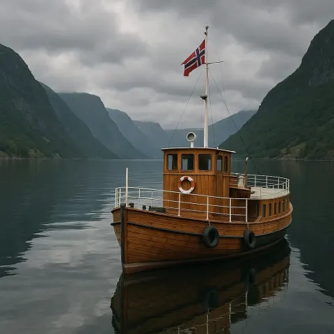 Charming Wooden Ferry Resting on Calm Waters