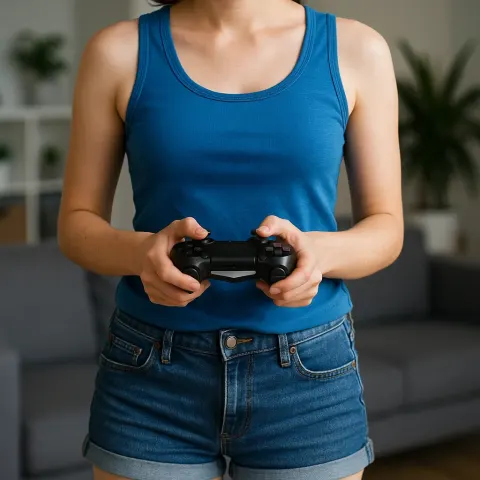 Person Wearing a Blue Tank Top and Denim Shorts Holds
