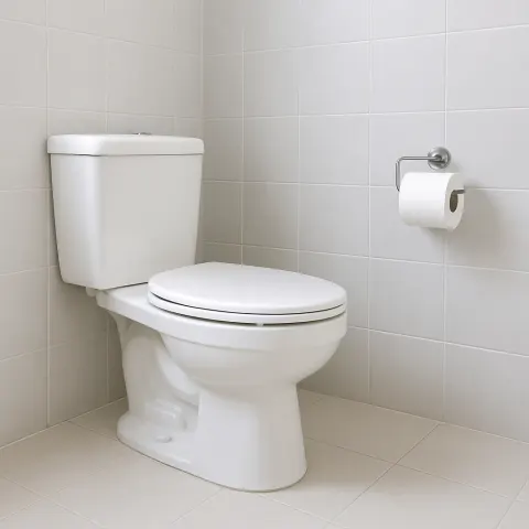 Immaculate Bathroom Showcasing a Pristine White Porcelain Toilet Set
