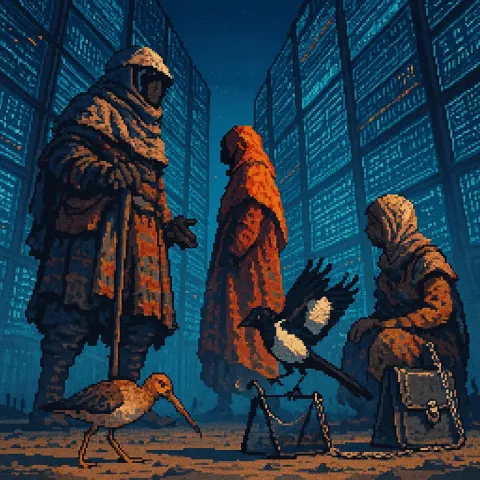 Imposing Pixel-art Figure in Layered Nomadic Textiles and a Helmet