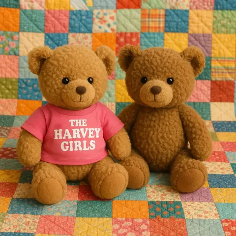 Two Teddy Bears on a Colorful Quilt