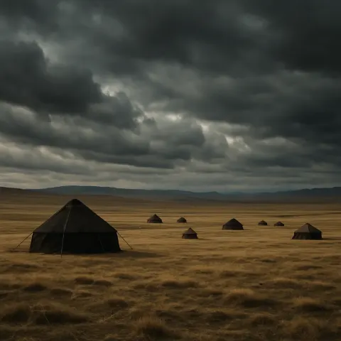Scattered Handful of Nomadic Tents Stands Starkly Against the Vast