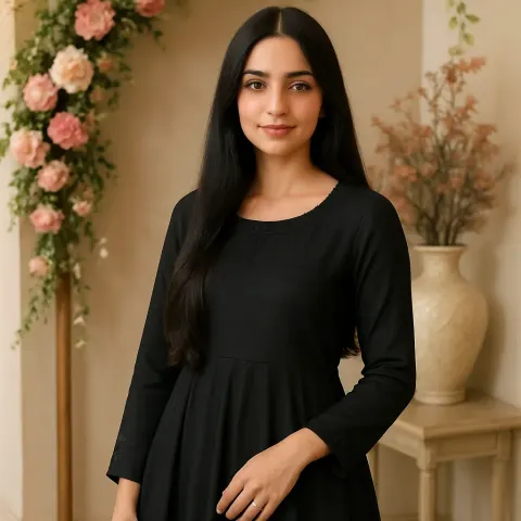 Woman with Long Black Hair Wearing a Black Traditional Dress