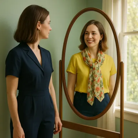 Describe a Woman Standing Before a Large Oval Mirror Mounted