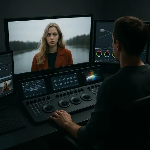 Person Sits at a Professional Editing Workstation
