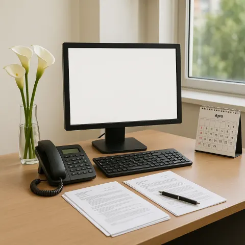 Neatly Organized Office Desk with a Computer Monitor