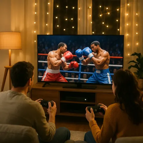 People Playing a Boxing Video Game on a Television