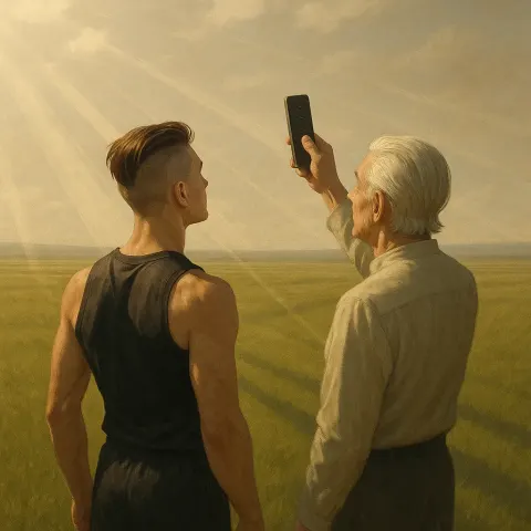 Athletic Figure with a Distinct Undercut Gazes Skyward