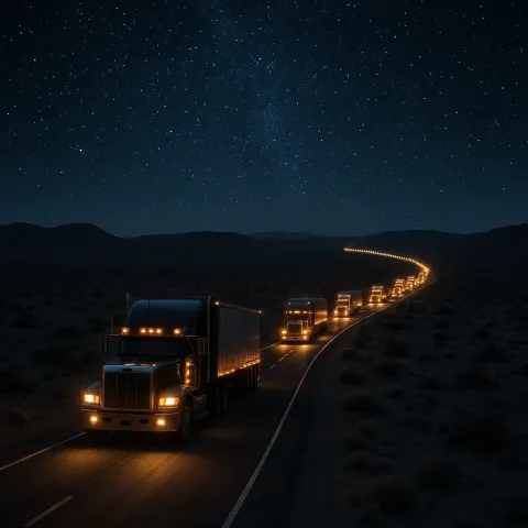 Long Procession of Numerous Illuminated Trucks Snakes