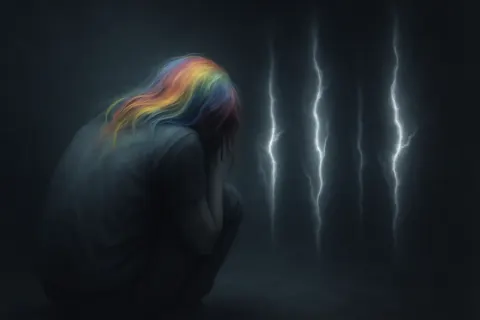 Cowering Figure with Rainbow-streaked Hair