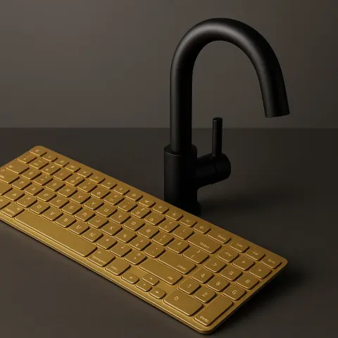 Computer Keyboard in a Gold Hue Placed Beside a Faucet