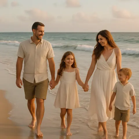 Group of Four Family Members Walking Together by the Water's