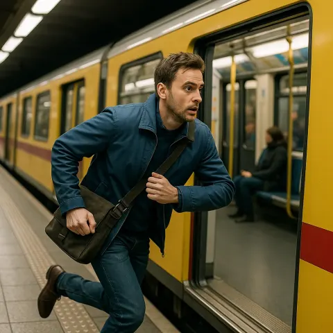 Man in a Blue Jacket Is Holding a Messenger Bag