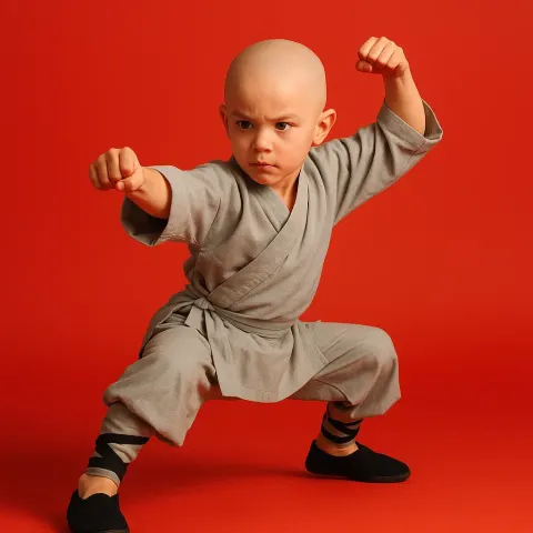 Bald Young Boy Dressed in Martial Arts Attire Performs