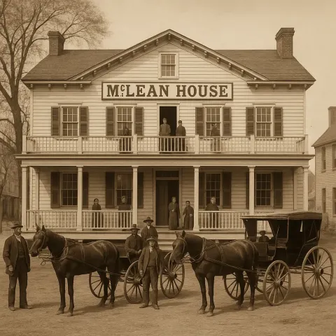 Historic Two-story Hotel Labeled "McLean House," Featuring People