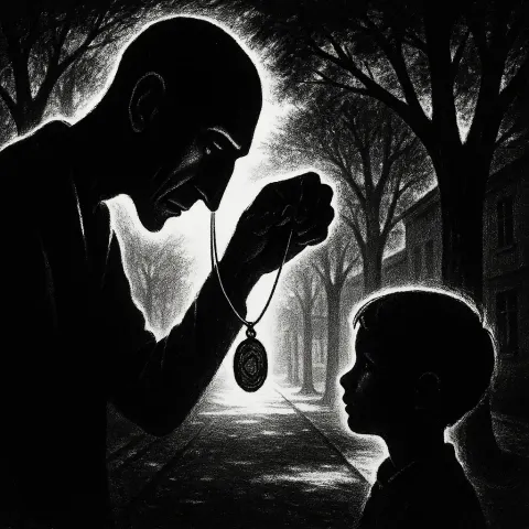 Long-faced Figure Intently Examines an Amulet While a Serene Child
