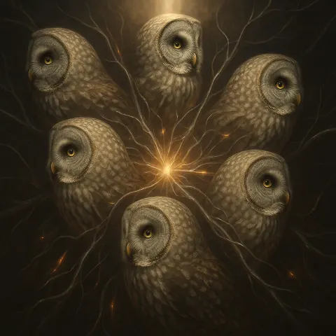 Five Varied Great Grey Owls in Profile