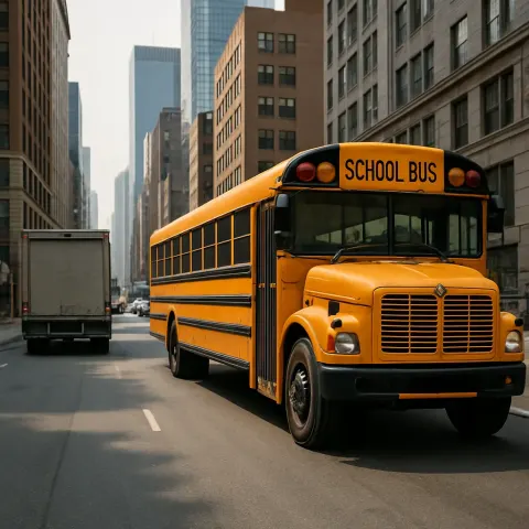 Energetic Cityscape Features a Vibrant Orange School Bus