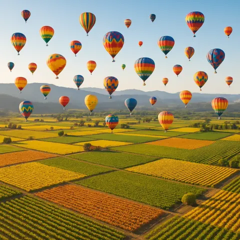 Dozens of Brightly Colored Hot Air Balloons Drift Serenely