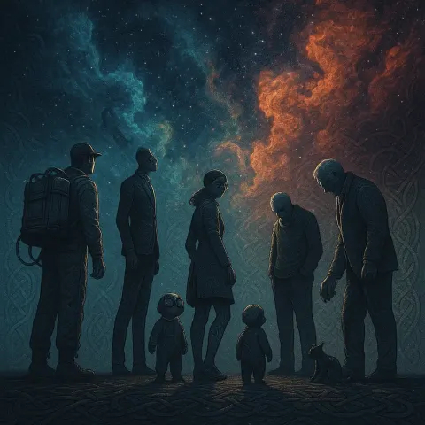 Six Figures Stand in Imposing Symmetrical Balance
