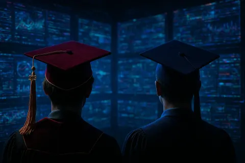 Against Banks of Holographic Displays Showing Complex Data Streams