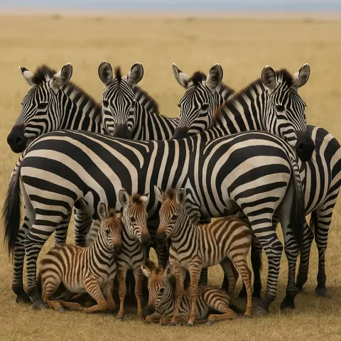 Herd of Zebras Standing in a Defensive Circle