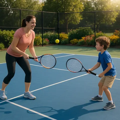 Blue-surfaced Outdoor Tennis Court Marked with White Boundary Lines Hosts