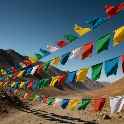 Myriad Colorful Prayer Flags Flutter in the Wind