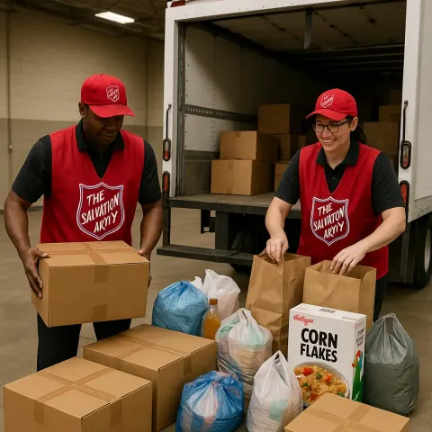 Two Salvation Army Workers Unload and Organize Donations
