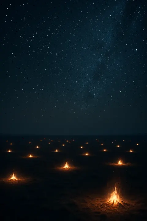 Numerous Distant Bonfires Flicker Like Scattered Embers Across a Vast