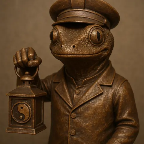 Bronze Statue Depicting a Gecko Dressed in a Train Engineer's