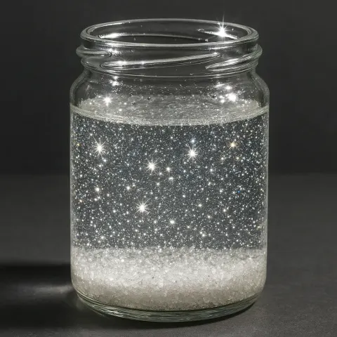 Transparent Vessel Holding a Shimmering Supersaturated Solution of Sodium Chloride