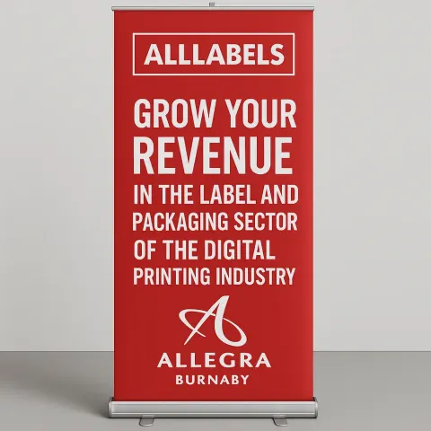 Red and White Promotional Banner Stand Advertising "AllLabels"
