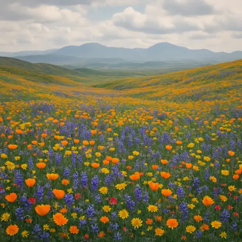 Vast Expanse of Vibrant Wildflowers Carpets Rolling Hills