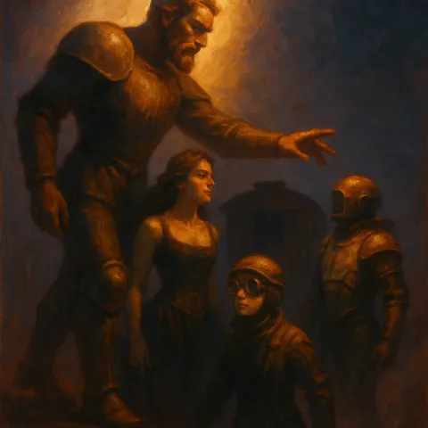 Giant Mentor in Greaves Guides a Corseted Woman